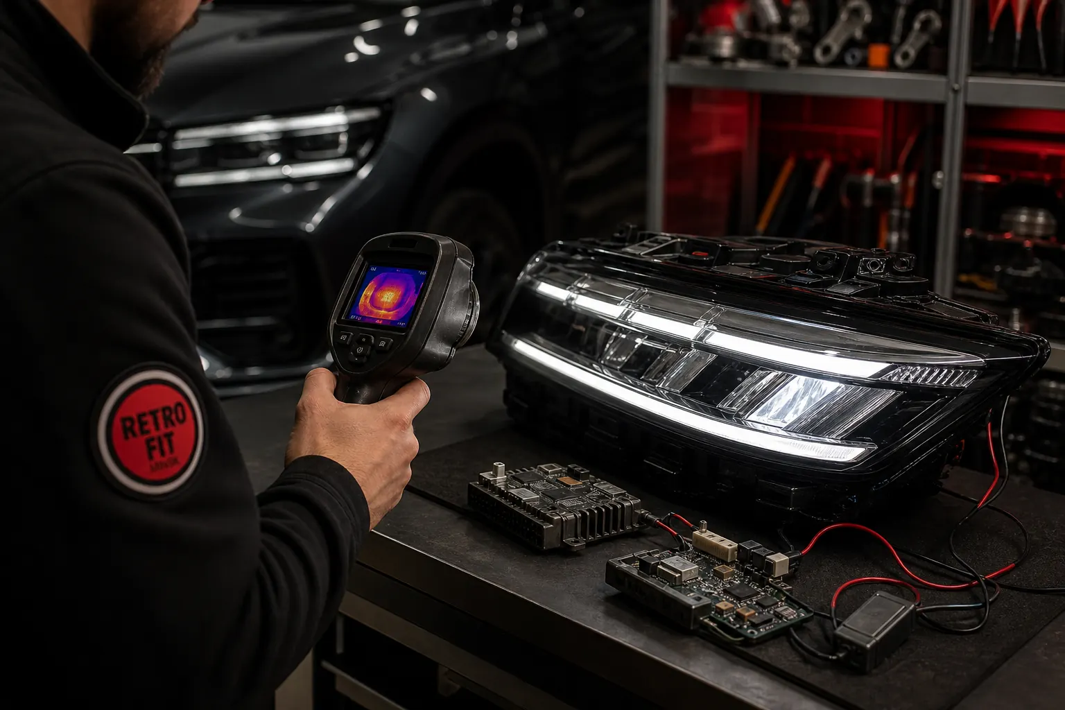 Мастер Retrofit Minsk проводит тепловой тест LED-фары Geely