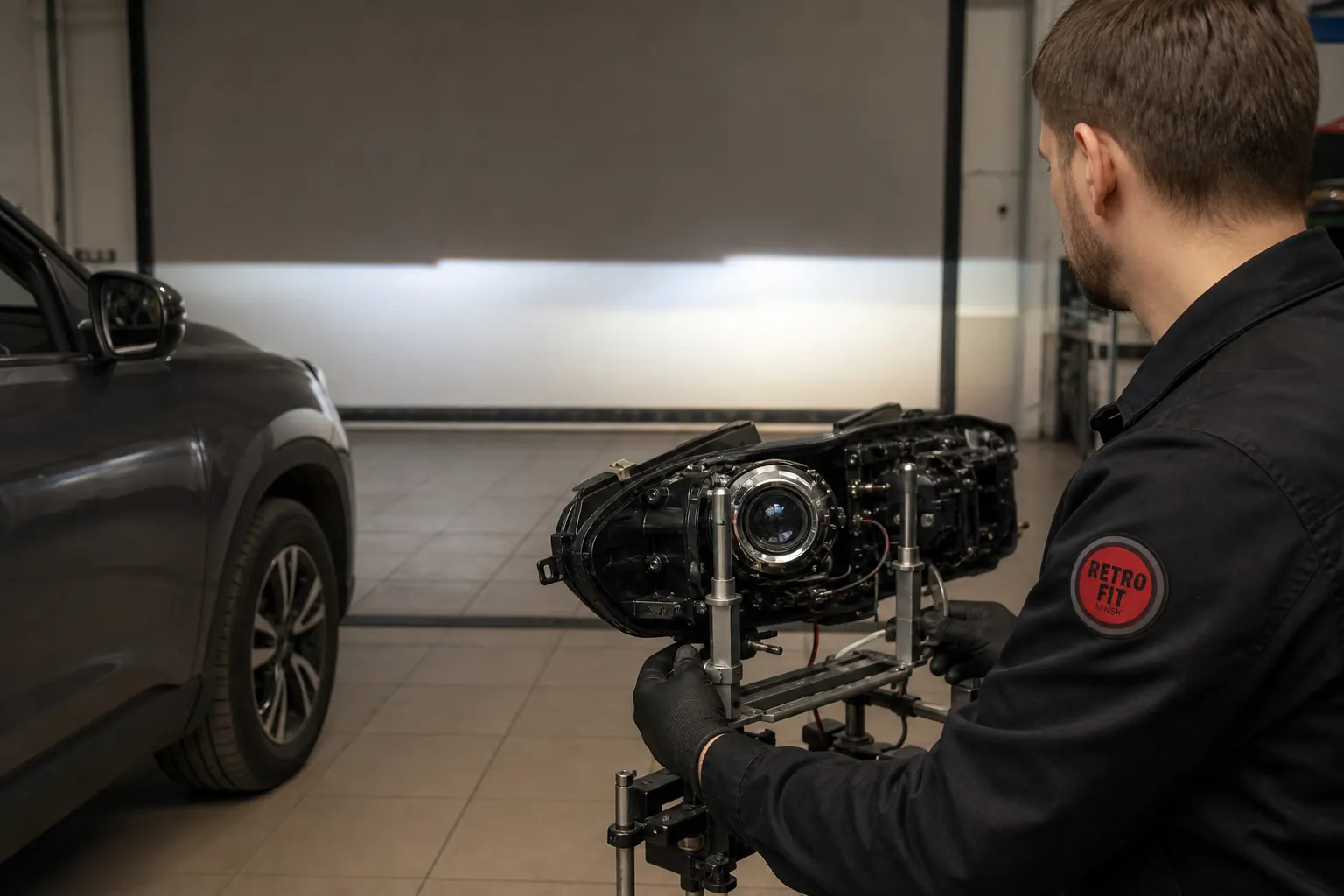 Мастер Retrofit Minsk сравнивает пучки и регулирует фару Honda CR-V
