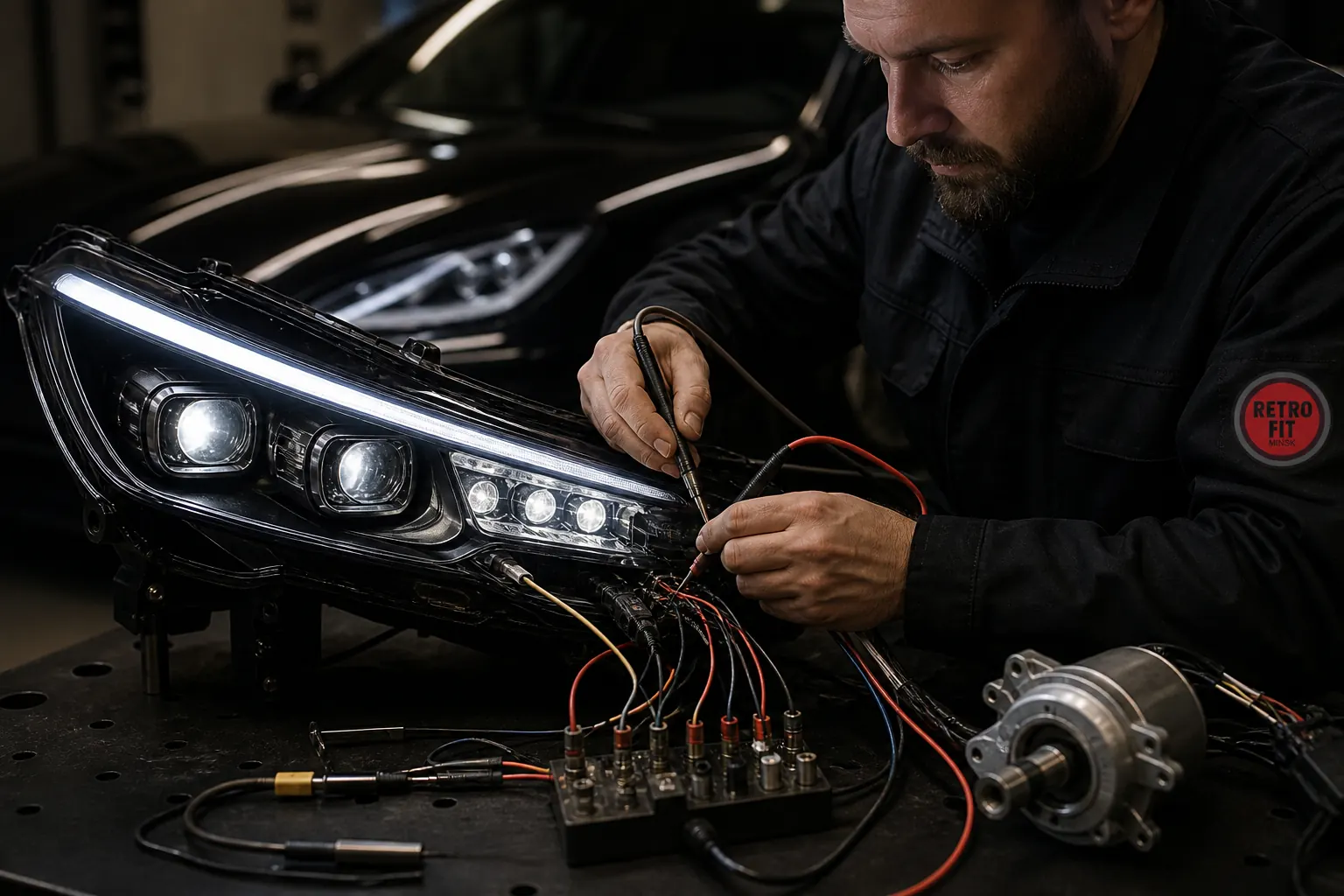 Мастер Retrofit Minsk измеряет LED-сегменты и привод фары Jaguar