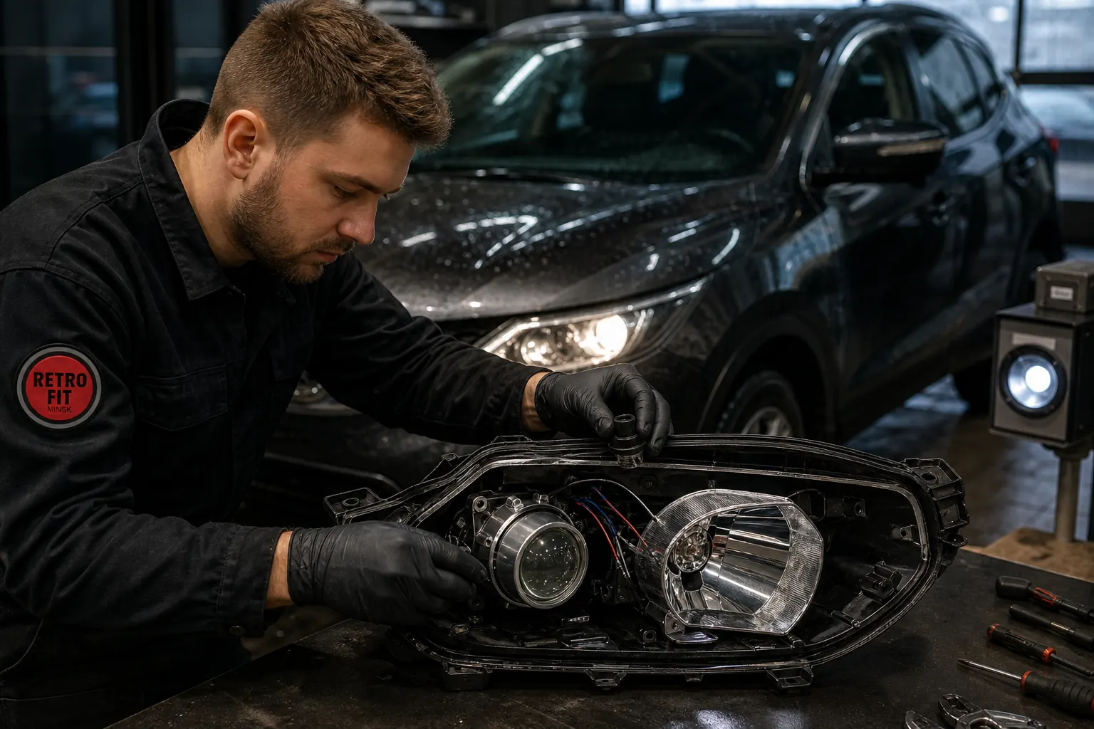 Мастер Retrofit Minsk проверяет вентиляцию и проектор фары Nissan