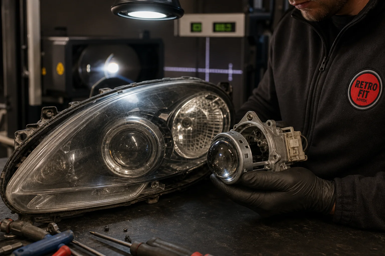 Мастер Retrofit Minsk сравнивает проектор и изношенное стекло фары Mazda