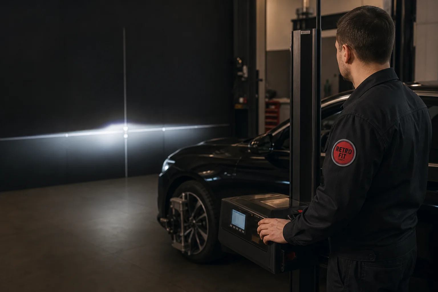 Мастер Retrofit Minsk проверяет светотеневую границу автомобильных фар на профессиональном оборудовании