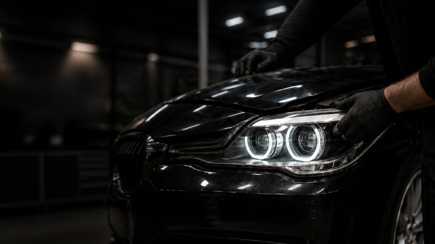 Специалист работает с автомобильной фарой в мастерской