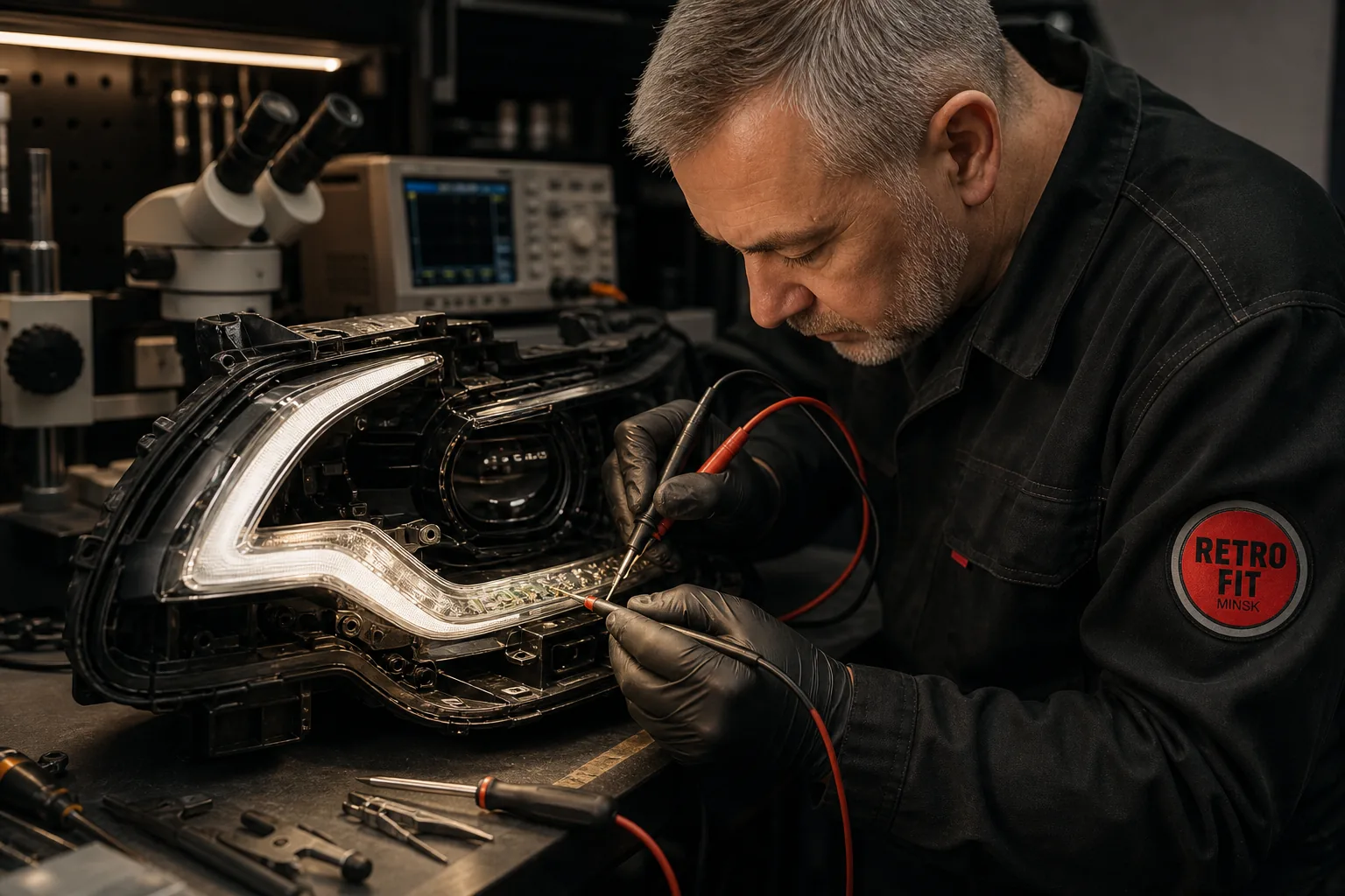 Диагностика светодиодной платы и световода встроенного ДХО мастером Retrofit Minsk