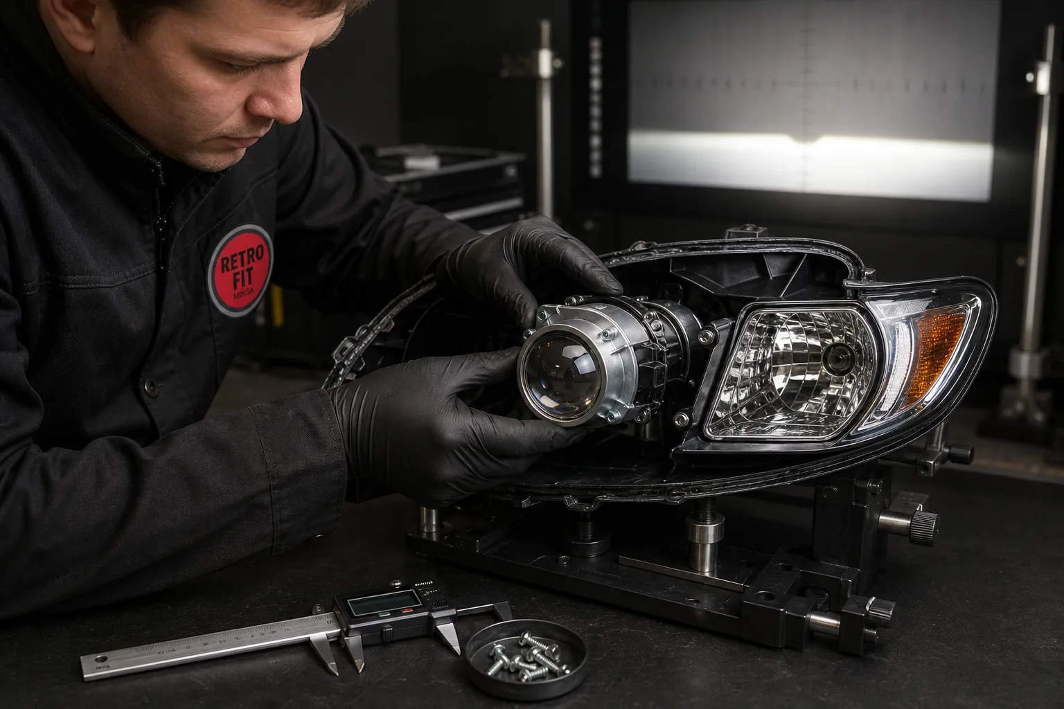 Мастер Retrofit Minsk точно устанавливает Bi-LED модуль в автомобильную фару на геометрической оснастке